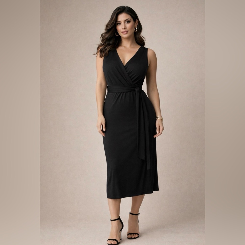 Talbots Dress Black L Large Jersey Stretch Midi V Neck W Belt Washable NEW